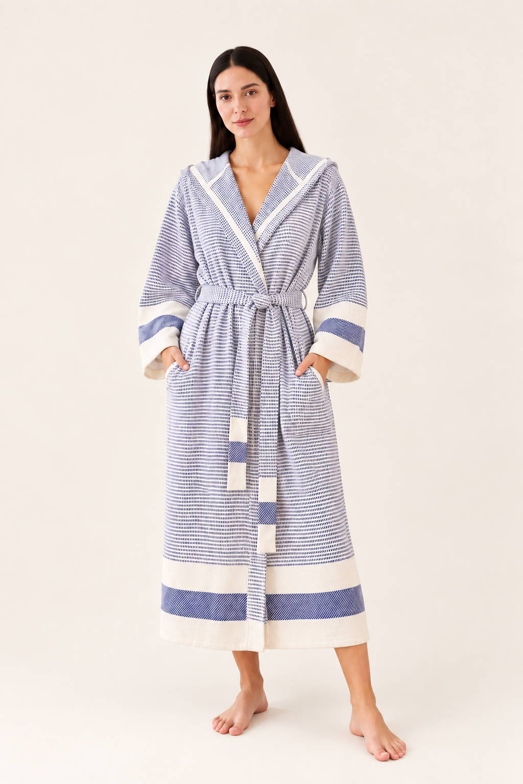 Cotton Navy Blue & White Bathrobe