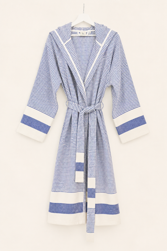 Cotton Navy Blue & White Bathrobe