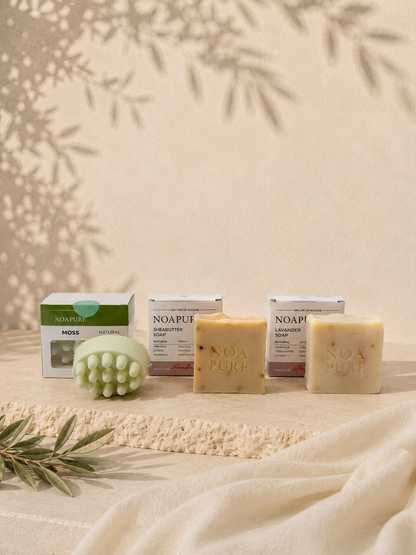 Nocturne Soap Bar Bundle – handmade soap trio gift bundle with Moss Olive, Shea Butter Papaya and Lavender bars | NoaPure