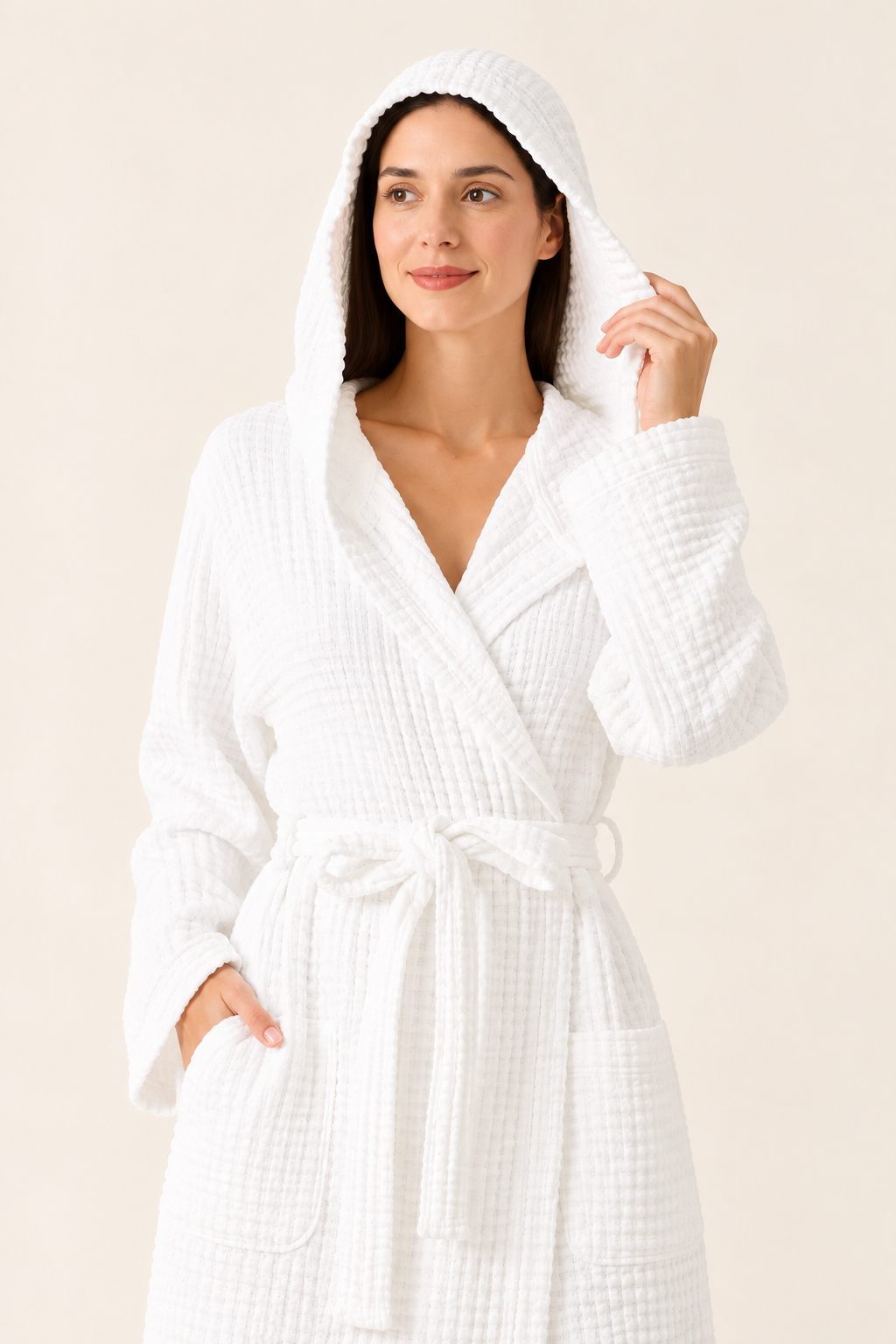 Waffle White Bathrobe – lightweight 100% cotton waffle bathrobe, view 3
