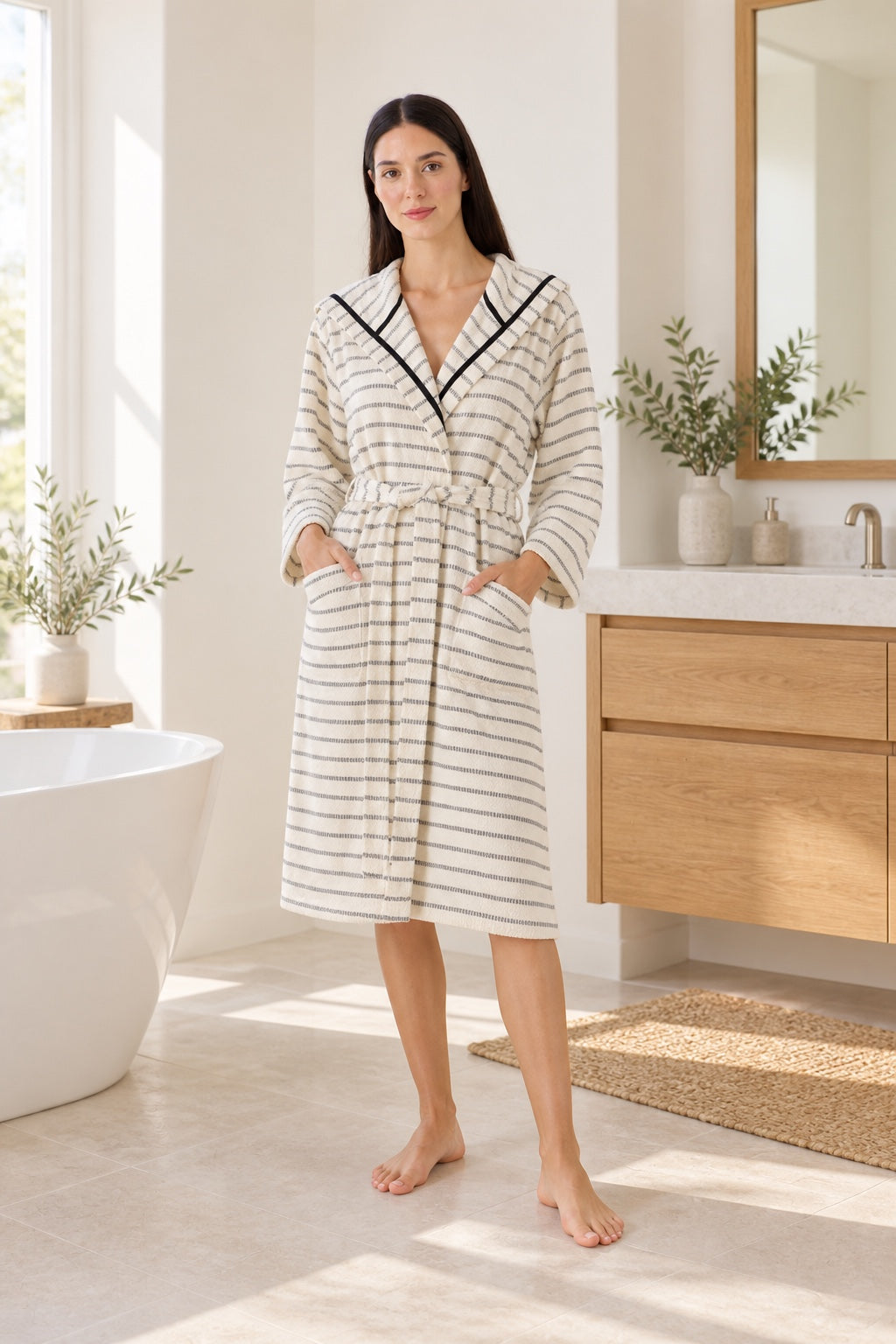 Cotton Black & White Bathrobe – bathrobe handmade from 100% Turkish cotton with natural dyes, view 7