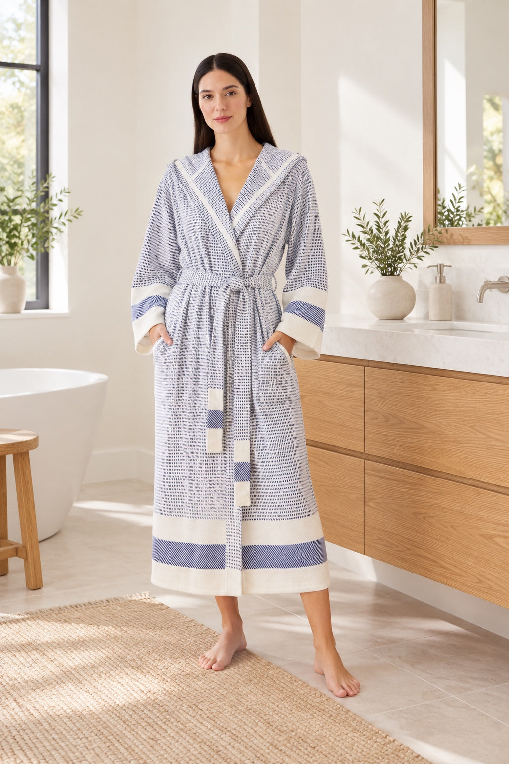Cotton Navy Blue & White Bathrobe