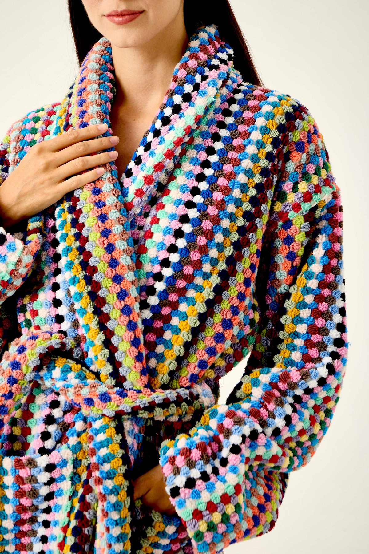Close-up of the multicolor Mosaic Bathrobe in 100% Turkish cotton, shawl collar and tie belt