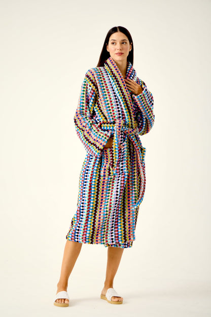 Model wearing the colorful Mosaic Bathrobe in 100% Turkish cotton, full-length studio view