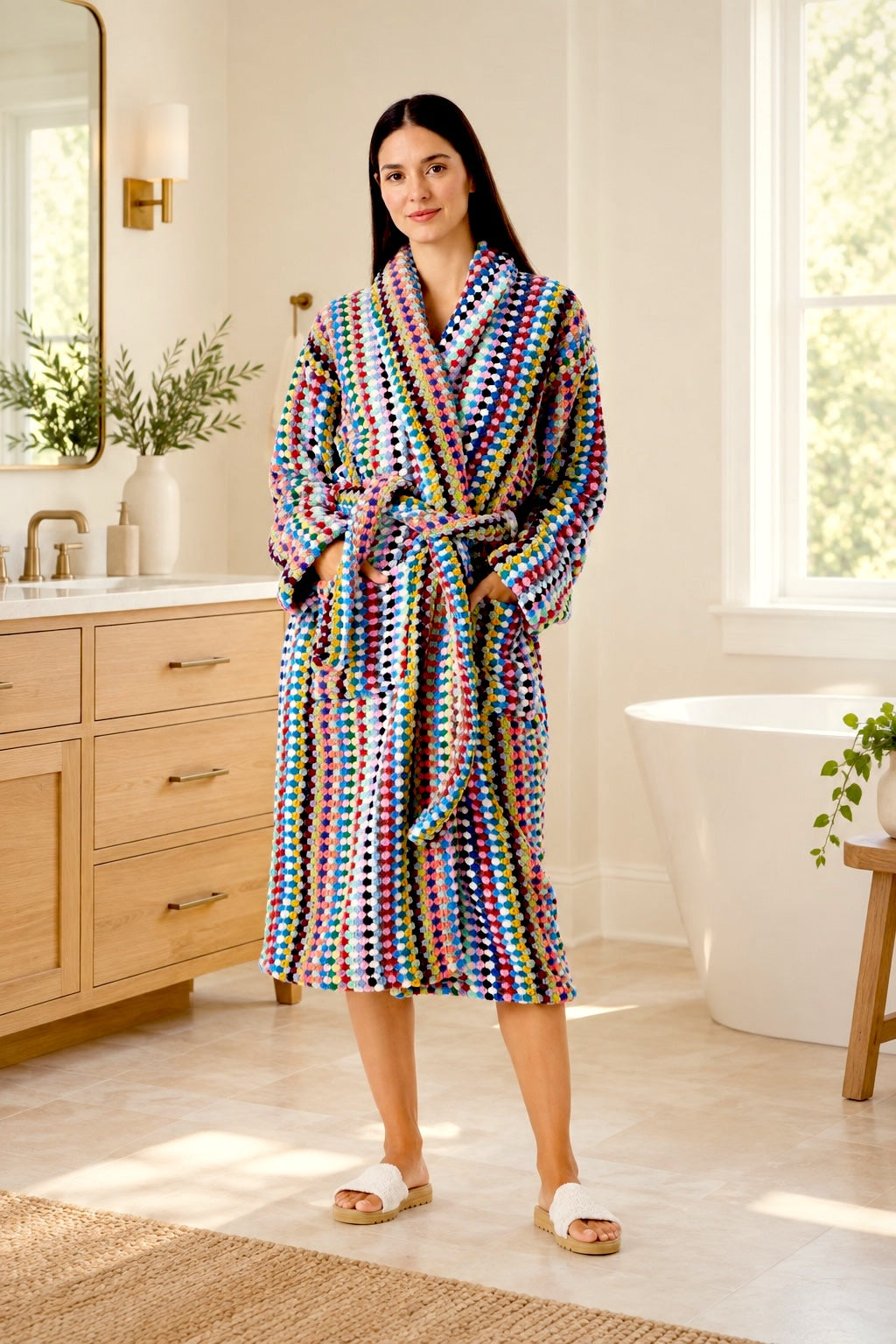 Model wearing the multicolor Mosaic Bathrobe in a bright bathroom, full-length view