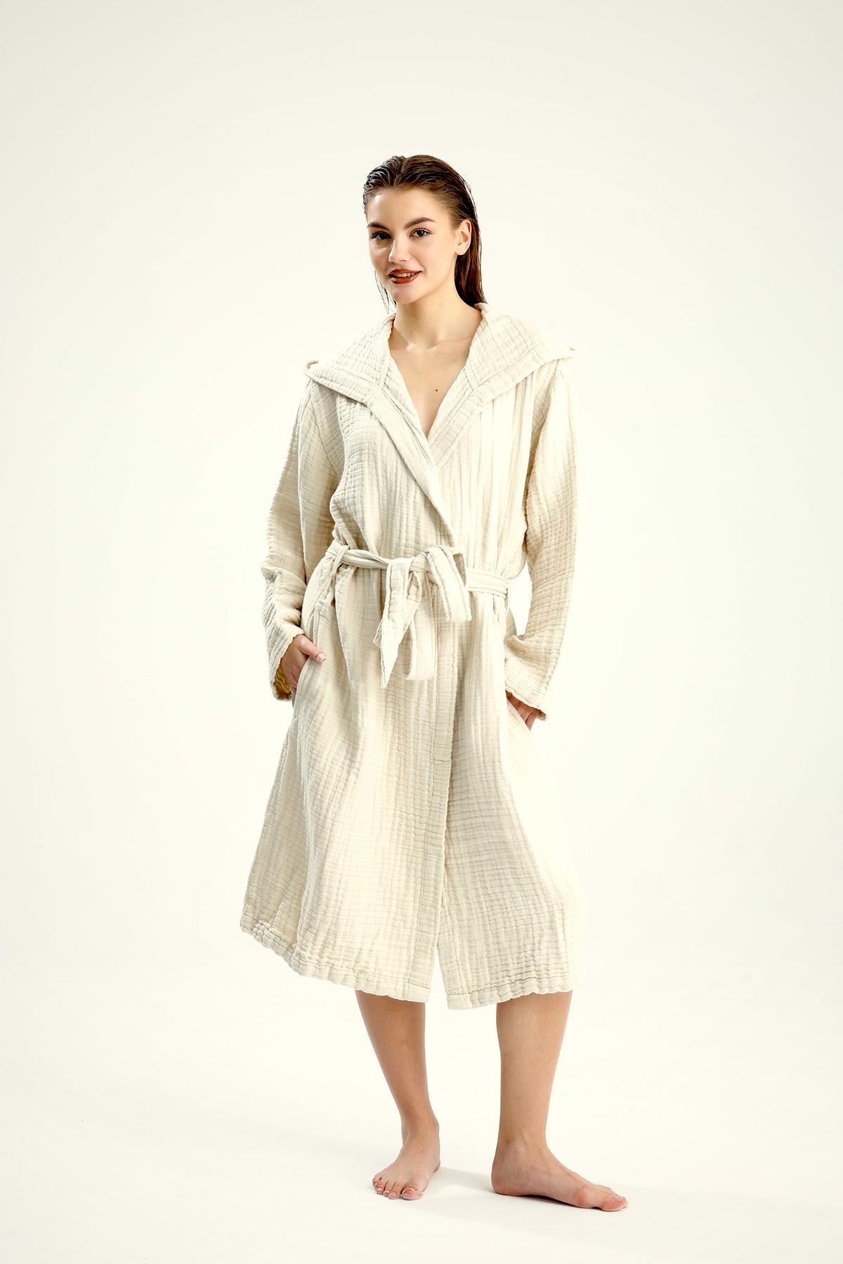 Muslin Beige Bathrobe – lightweight muslin cotton bathrobe, view 3
