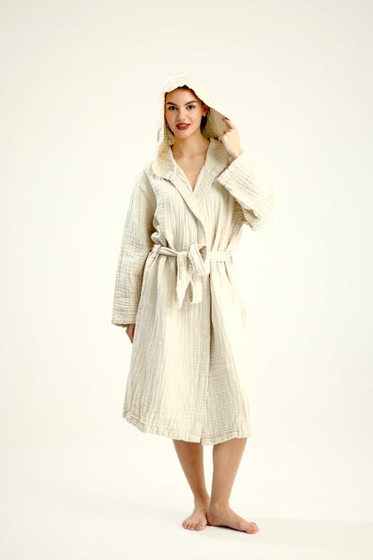 Muslin Beige Bathrobe – lightweight muslin cotton bathrobe, view 4