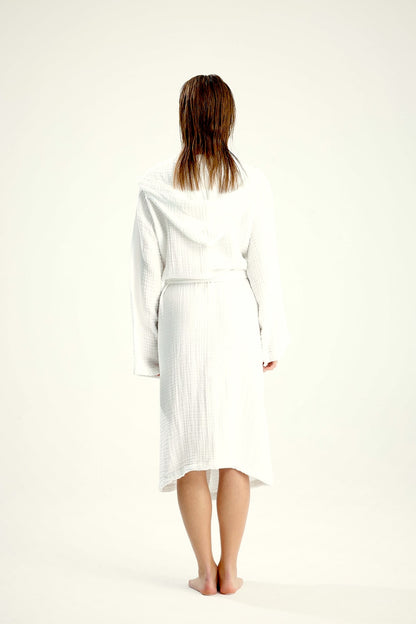 Back view of a white muslin cotton hooded bathrobe with tie belt